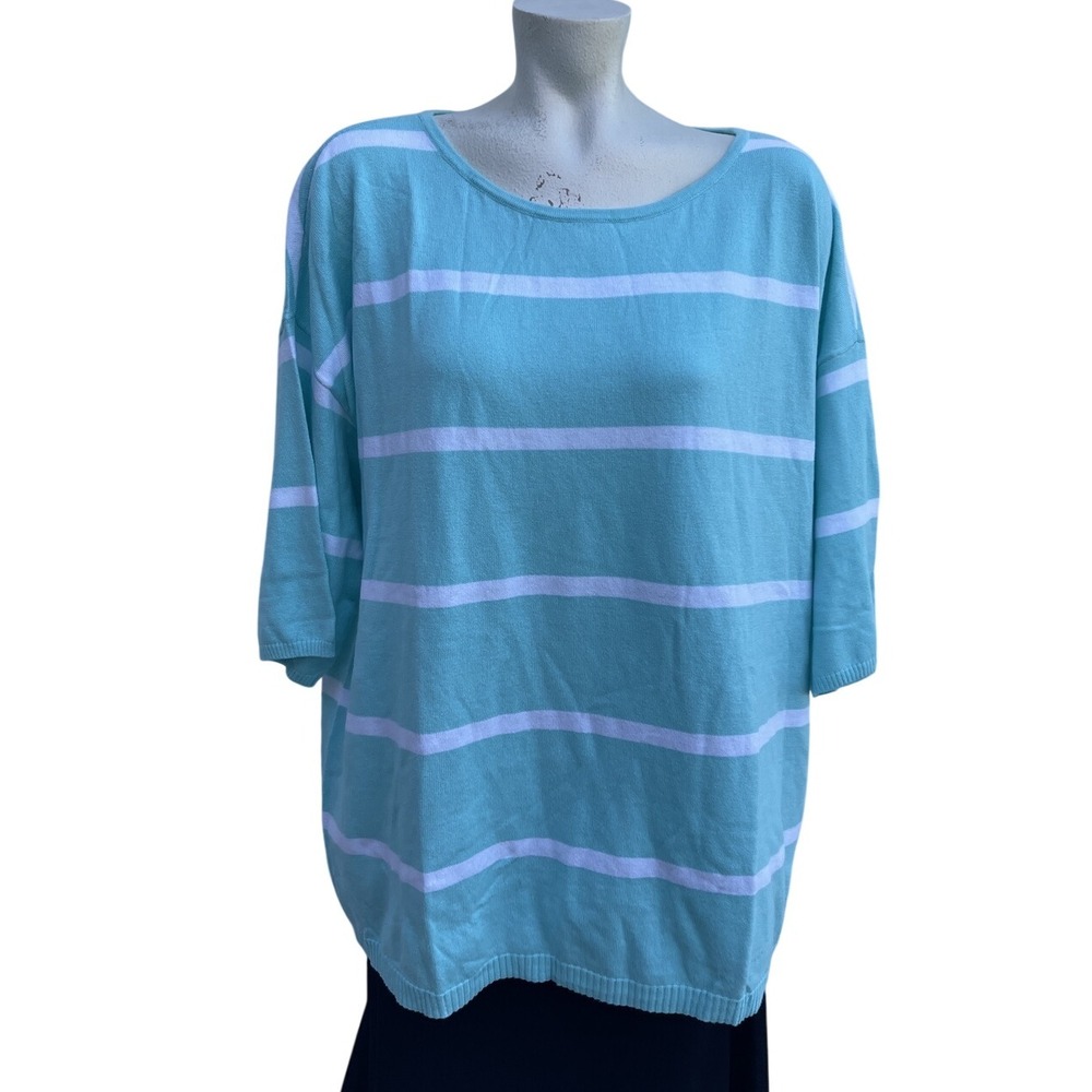 Striped‎ Knit Top Blue White Dolman Sleeve Lightweight Casual Sweater